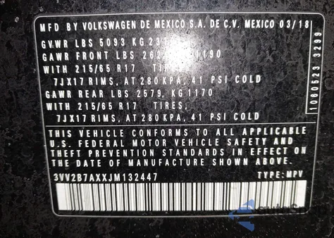 2018 Volkswagen Tiguan 2.0T Se/2.0T Sel z USA, uszkodzony, nr VIN 3VV2B7AXXJM132447